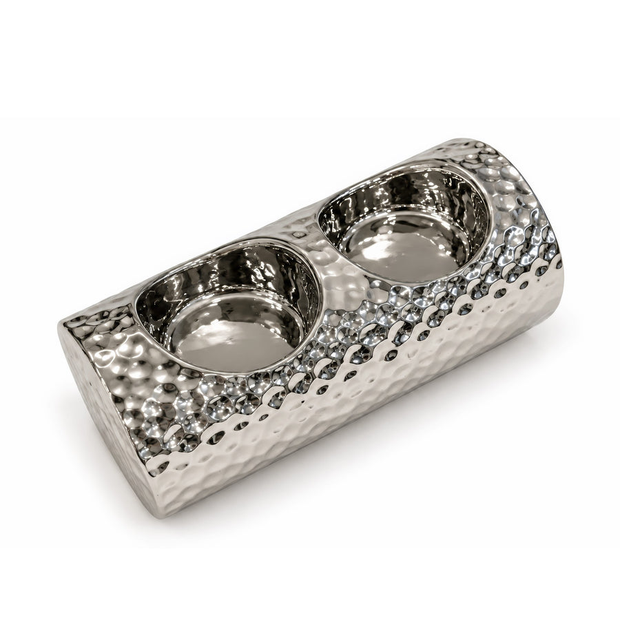 Hammered Barrel Dual T-light Holder – Titanium Silver, 5.3 x 2.6 x 2.4"