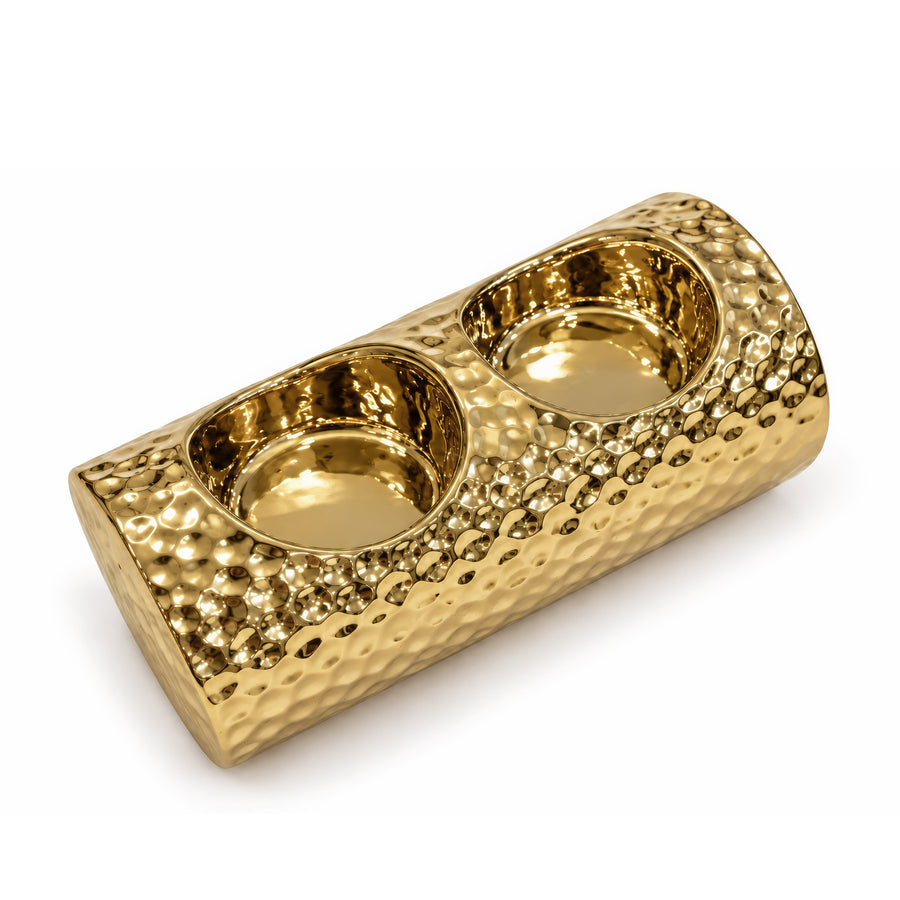 Hammered Barrel Dual T-light Holder – Titanium Gold, 5.3 x 2.6 x 2.4"
