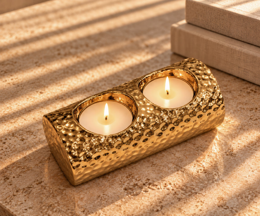 Hammered Barrel Dual T-light Holder – Titanium Gold, 5.3 x 2.6 x 2.4"