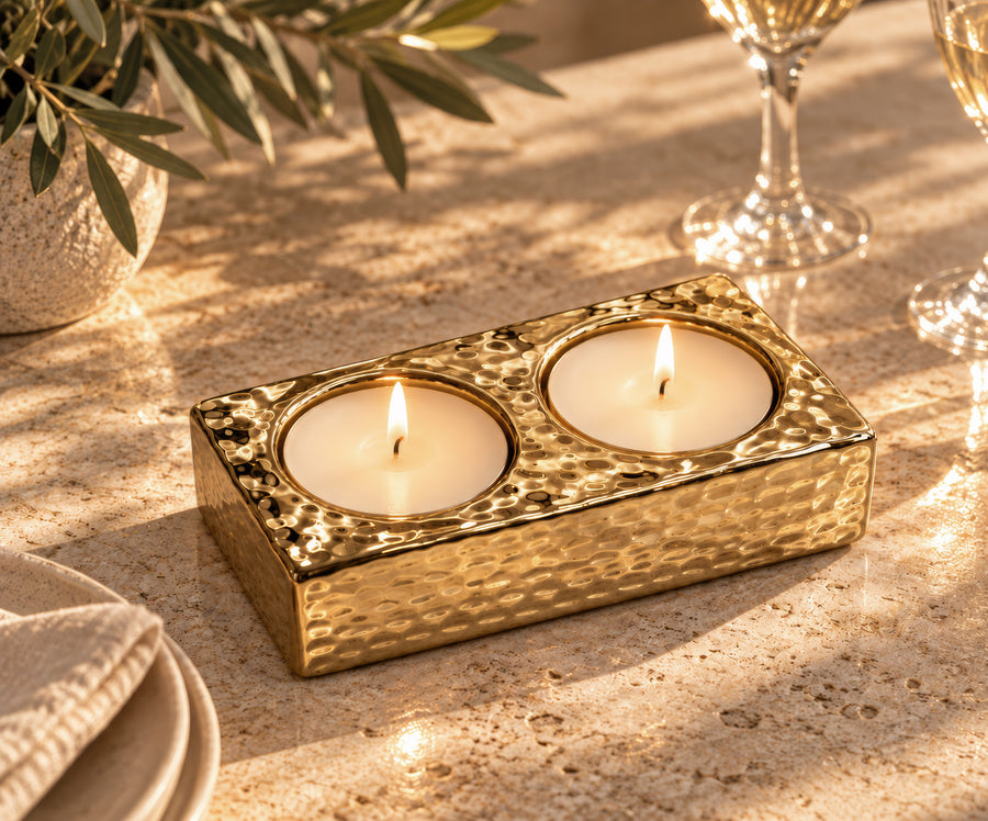 Hammered Dual T-light Candle Holder – Titanium Gold, 4.7 x 2.4 x 1.4"