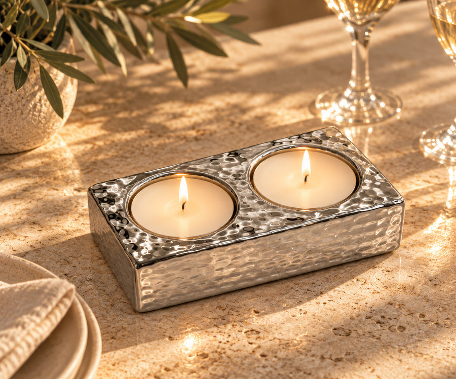 Hammered Dual T-light Candle Holder – Titanium Silver, 4.7 x 2.4 x 1.4"