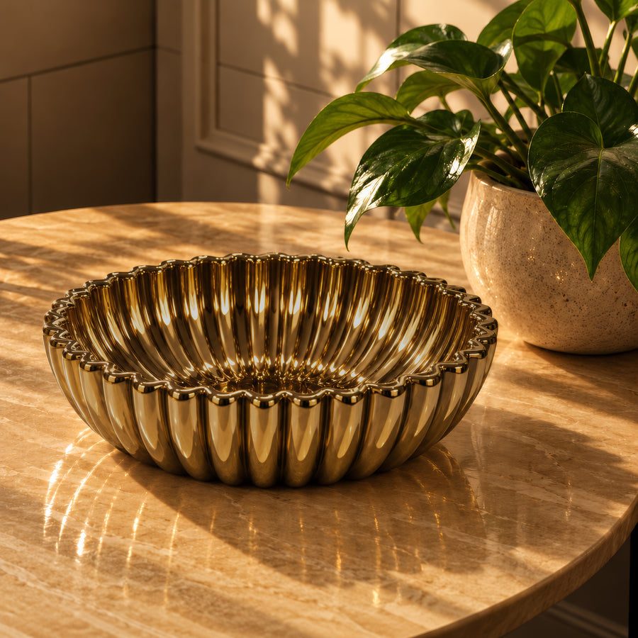 Ribbed Sunflower Decorative Bowl – Titanium Gold, 12.0 x 12.0 x 3.3"