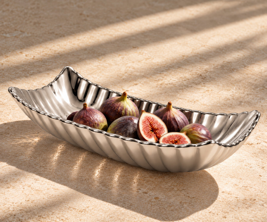 Rippled Rectangular Decorative Tray – Titanium Silver, 14.2 x 7.3 x 3.1"