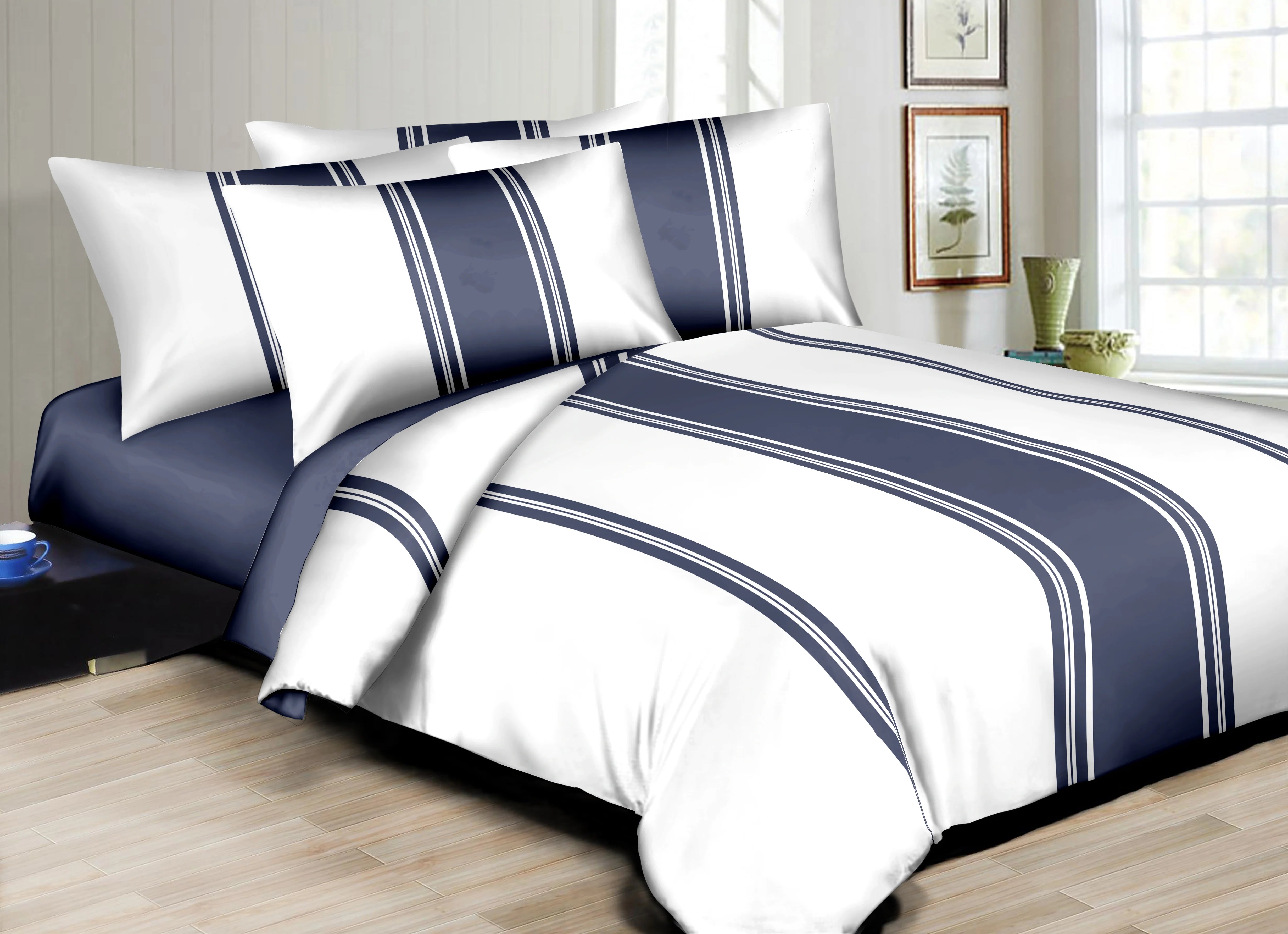 Superity Linen Hotel Style Stripes 300TC Duvet Set Navy - The Closeout Connection