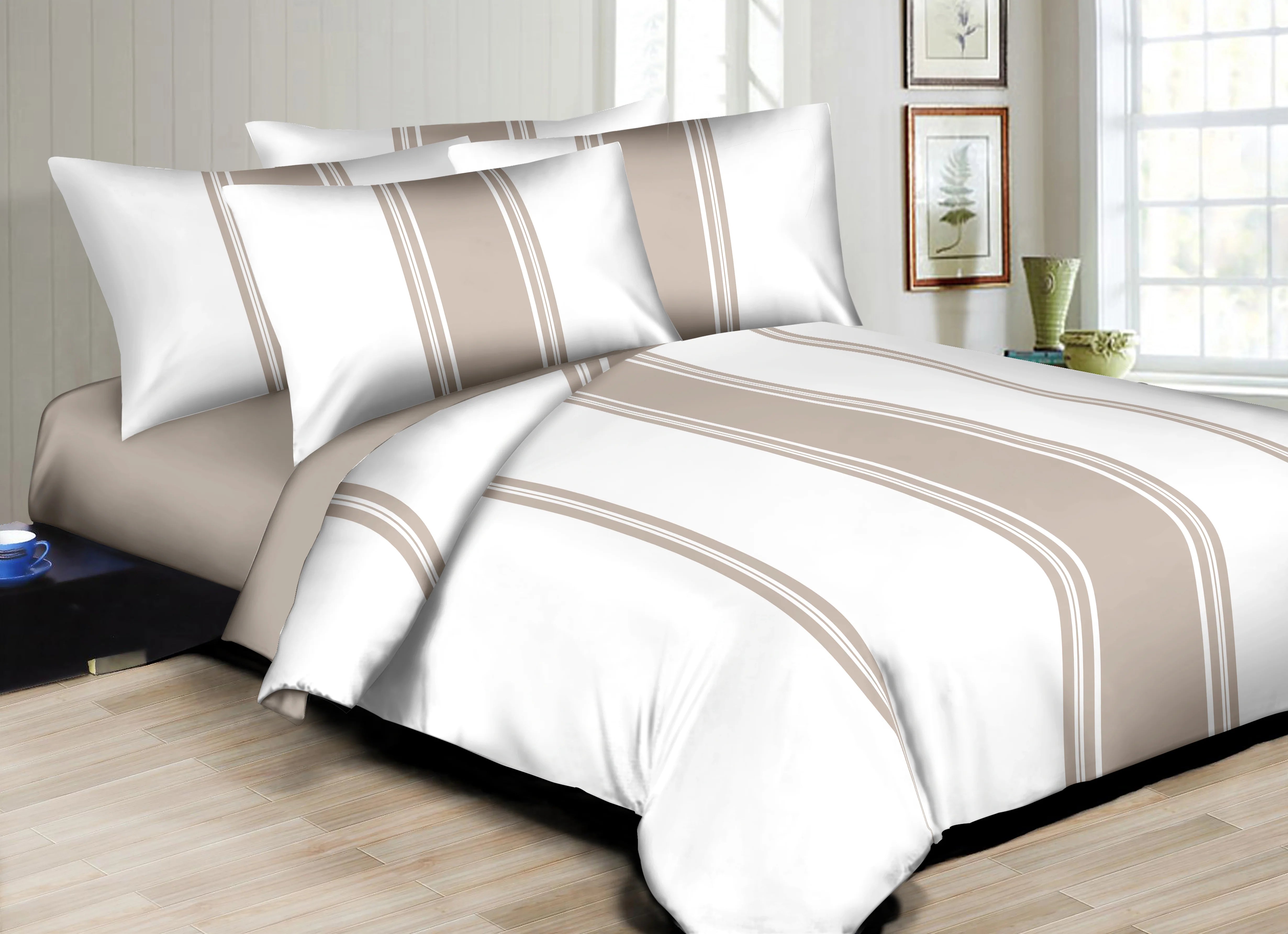 Superity Linen Hotel Style Stripes 300TC Duvet Set Taupe - The Closeout Connection