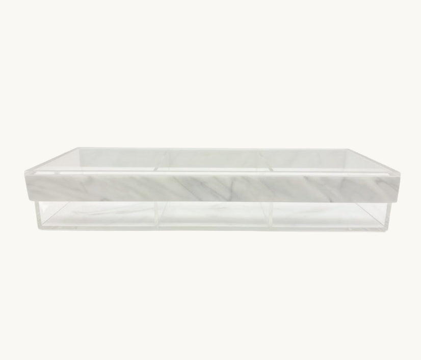 Lucite Decorative Rectangular Container with White Marble Base - Marble Cover