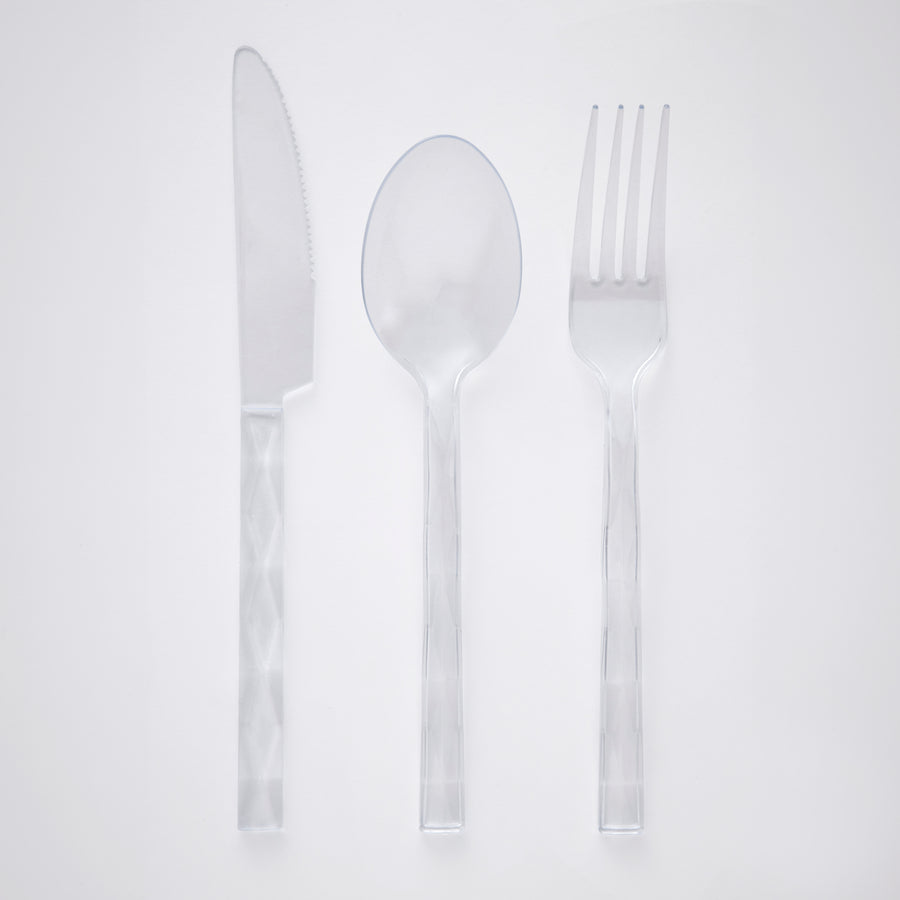 Decor Diamond Collection clear plastic cutlery set - knife, spoon, and fork 