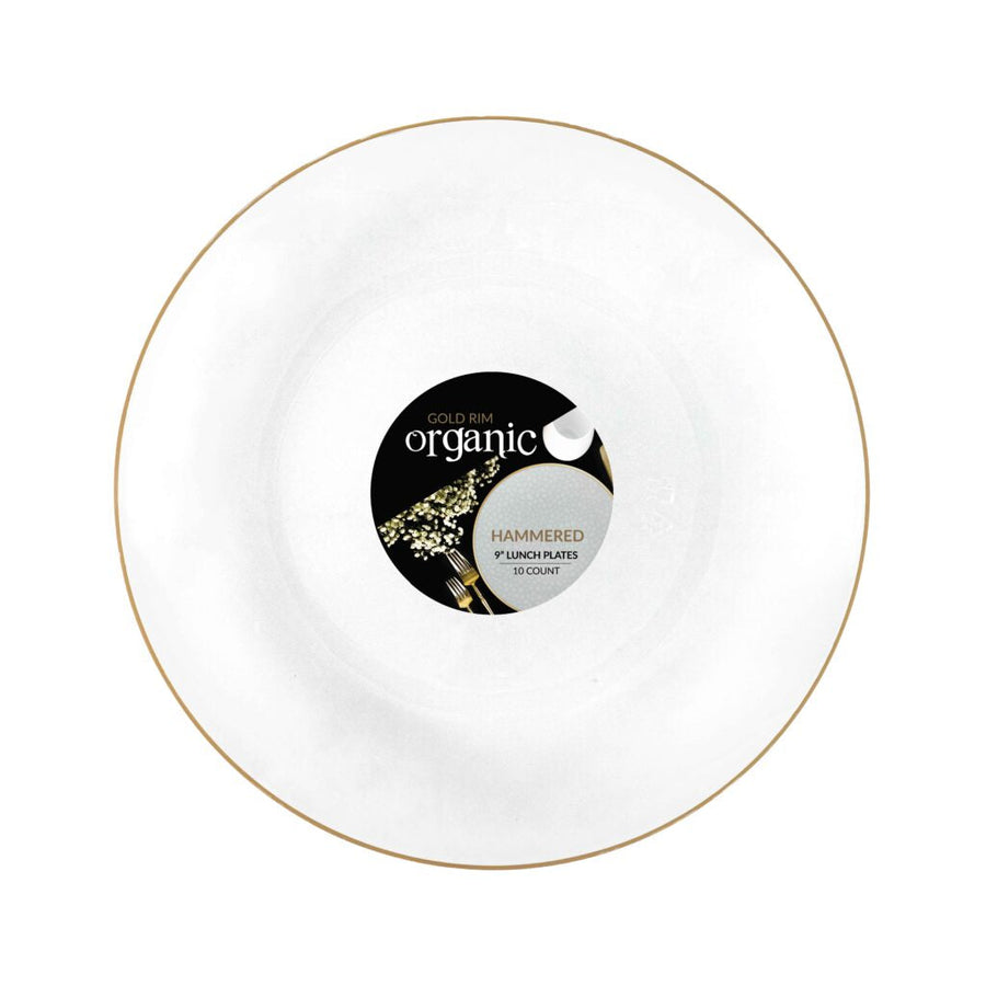 Organic Hammered Plates Gold Rim - 10 Count - White