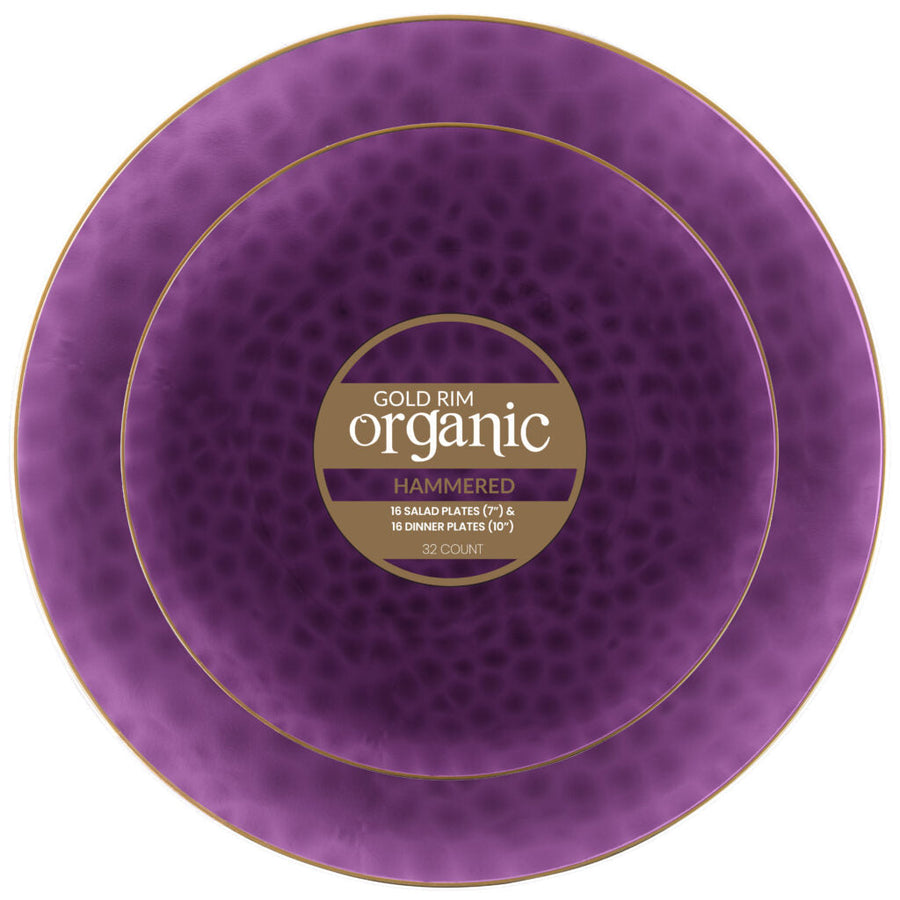 Organic Hammered Gold Rim Combo Plates 7" & 10" - 32 Count - Purple