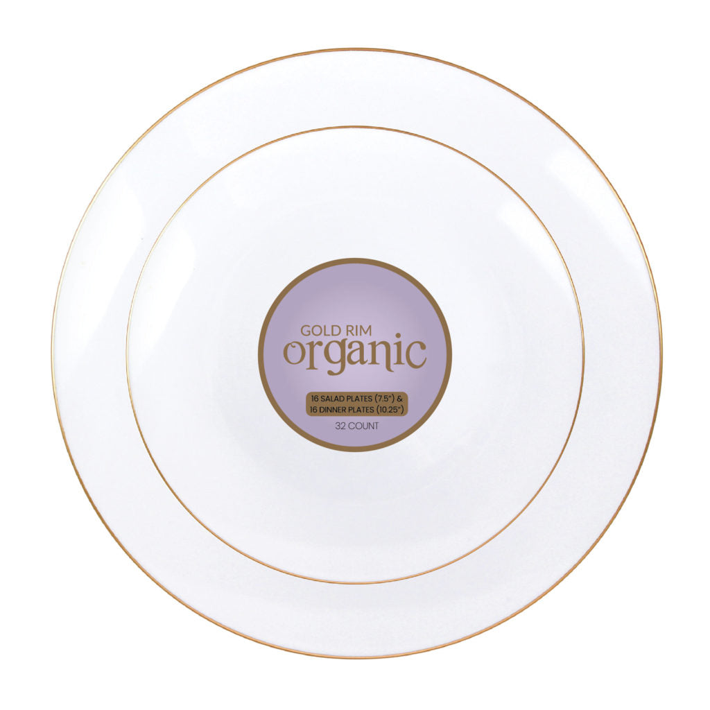 Organic White-Gold Rim Combo Plates - 32 Count