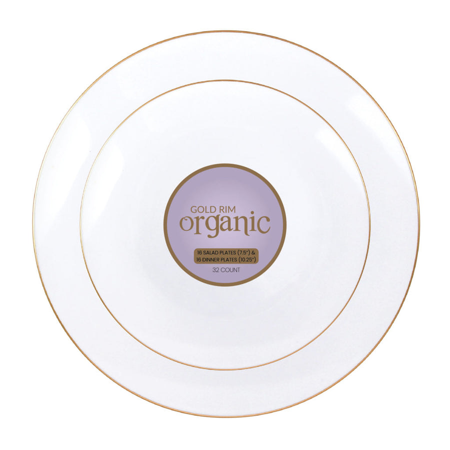 Organic White-Gold Rim Combo Plates - 32 Count - The Closeout Connection