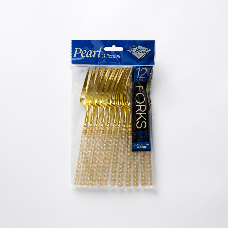 Decor Pearl Collection gold glitter and gold plastic forks 12 pack 