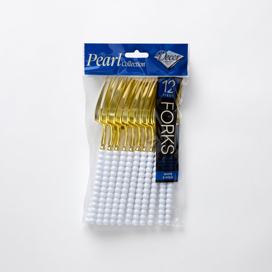 Decor Pearl Collection white and gold plastic forks 12 pack 