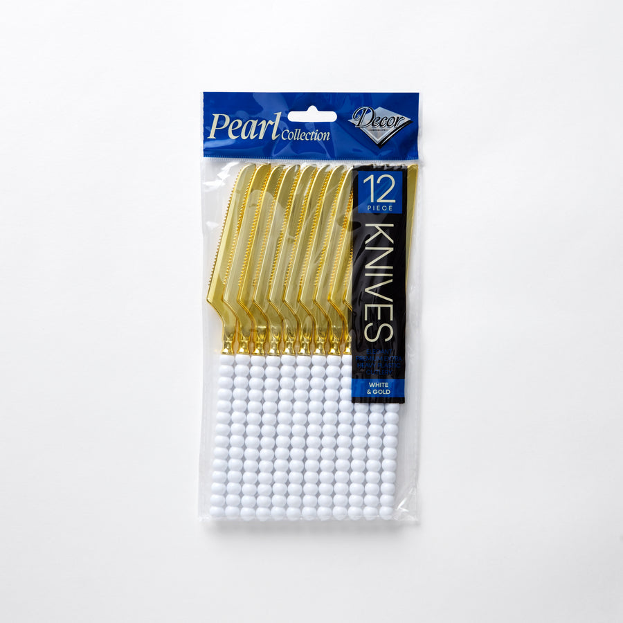 Decor Pearl Collection white and gold plastic knives 12 pack 
