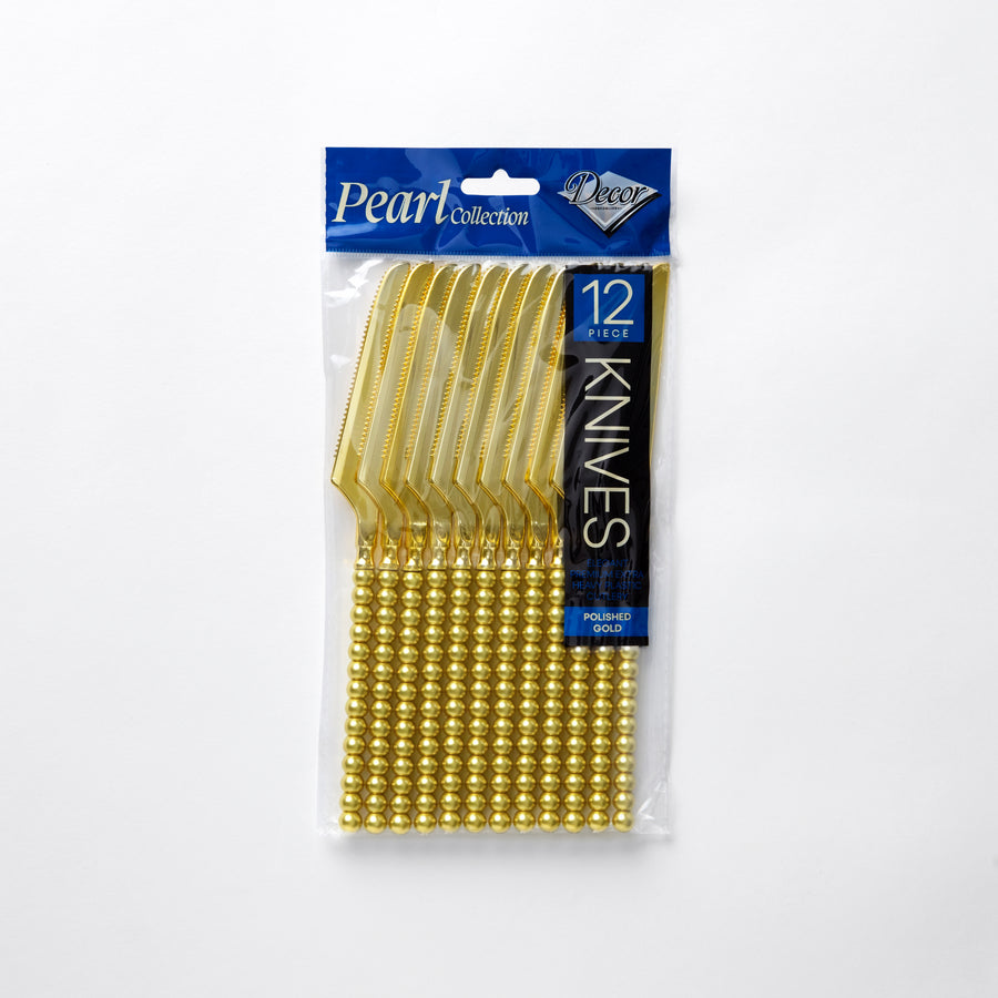 Decor Pearl Collection polished gold plastic knives 12 pack 