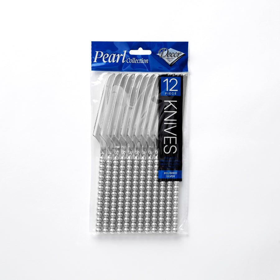 Decor Pearl Collection polished silver plastic knives 12 pack 