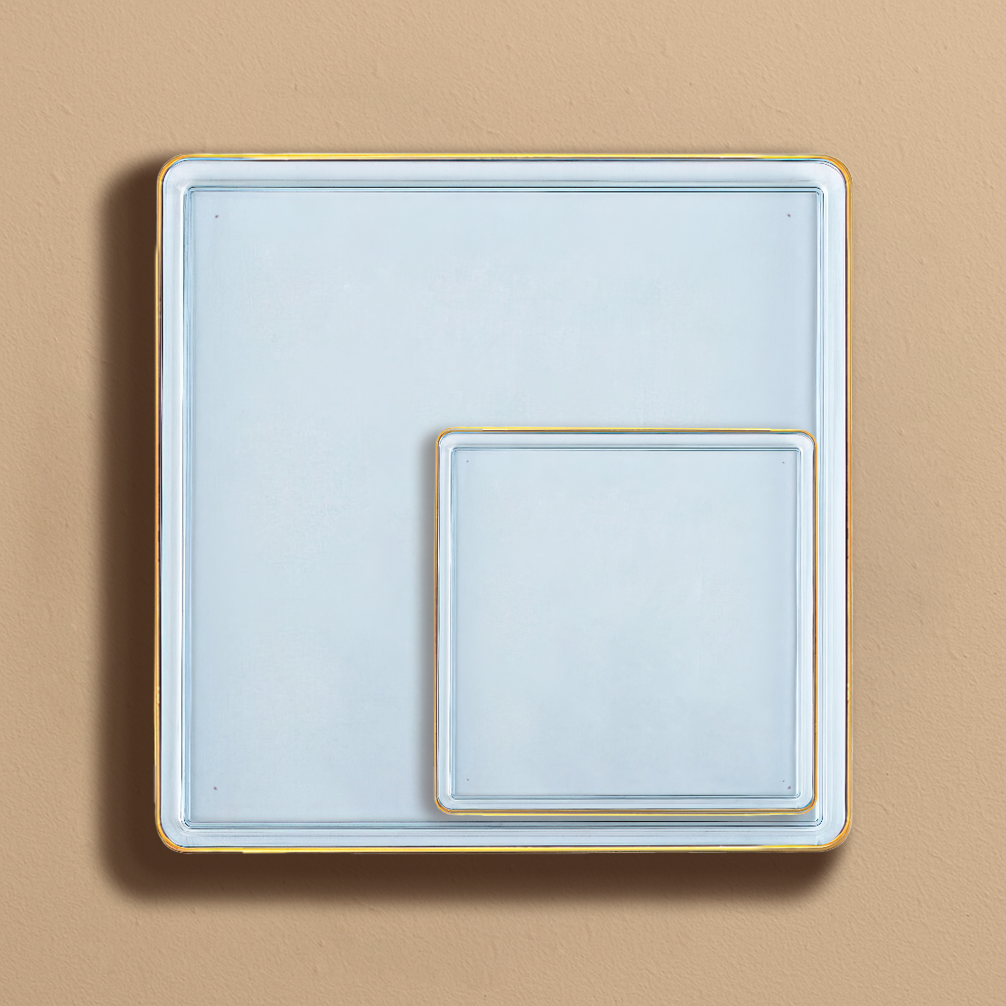 Square Plates Blue Transparent/Gold Rim- 10 Count