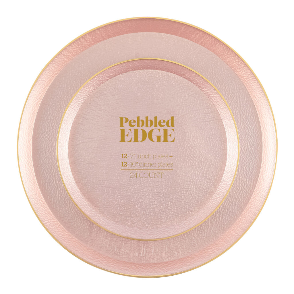 Edge Pebbled Combo Gold Rim 7″ & 10″ Plates - 24 Count - Pink Pearl#Color_Pink Pearl