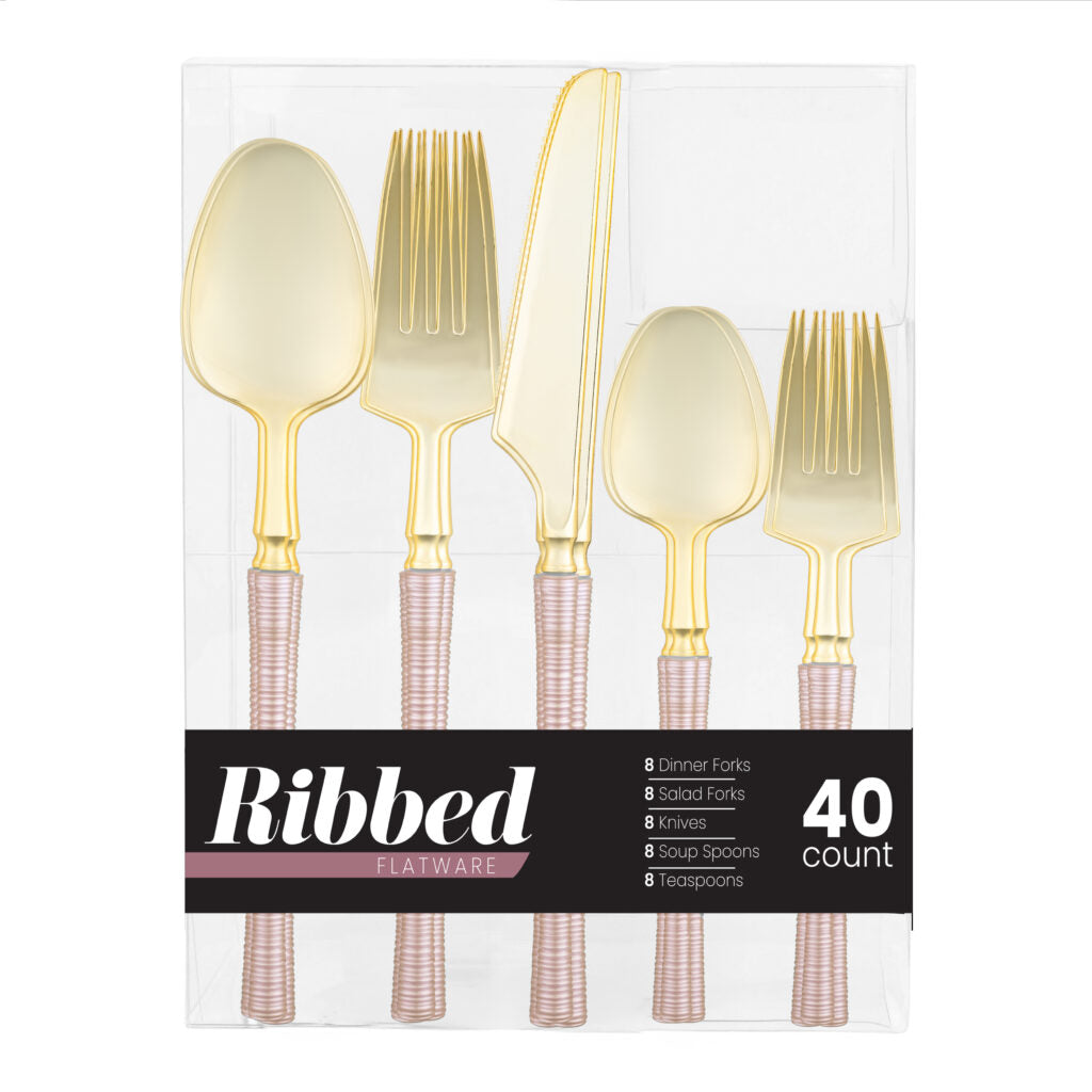 Ribbed Flatware Combo Pink Pearl/Gold - 40 Count