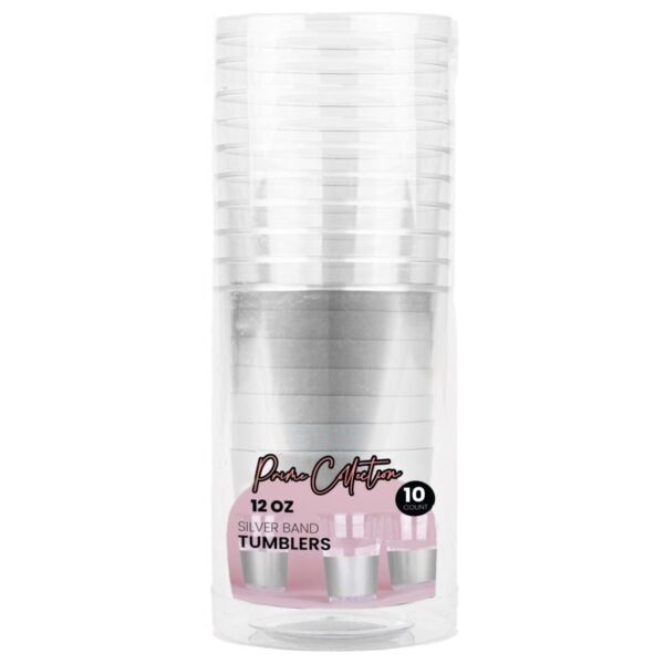 Clear Silver Band Plastic Round Tumblers - The Closeout Connection