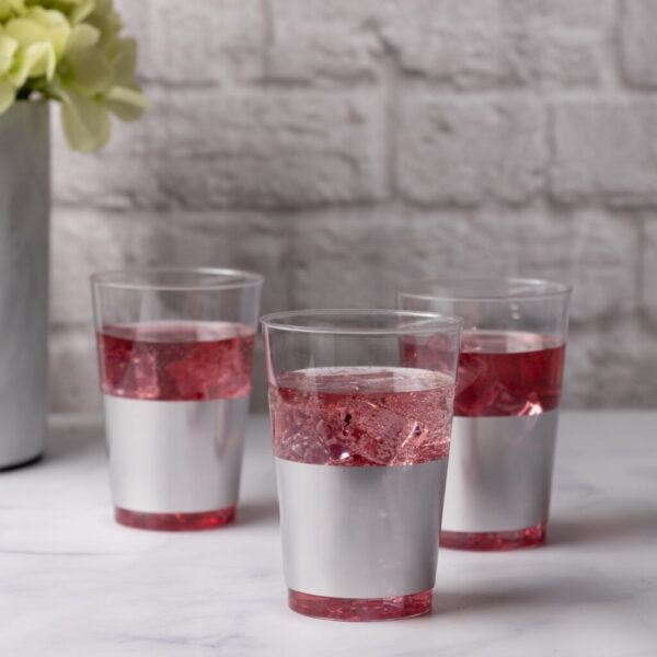 Clear Silver Band Plastic Round Tumblers - The Closeout Connection