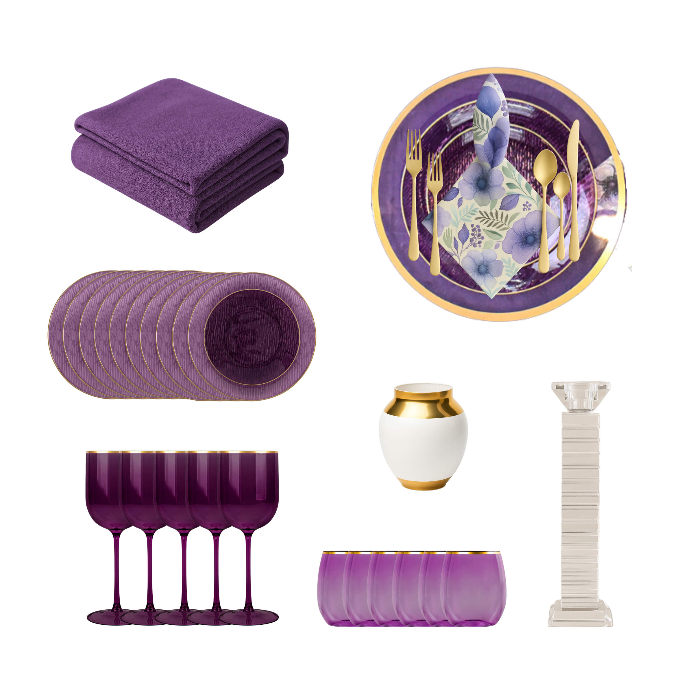 158 Piece Set - Purple Orchid Scape 10 Guests