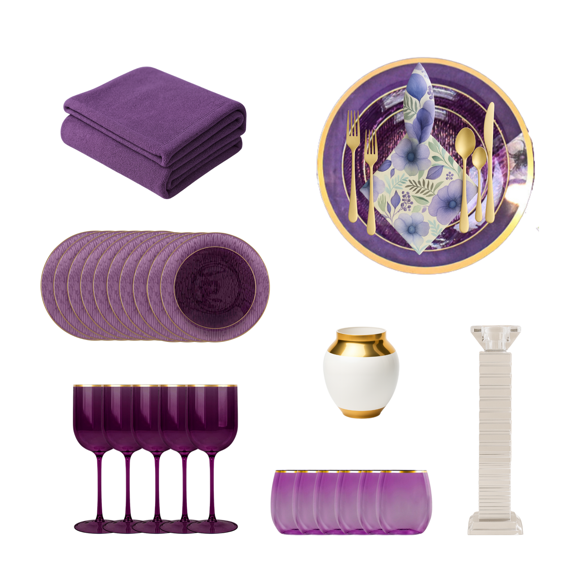 158 Piece Set - Purple Orchid Scape 10 Guests