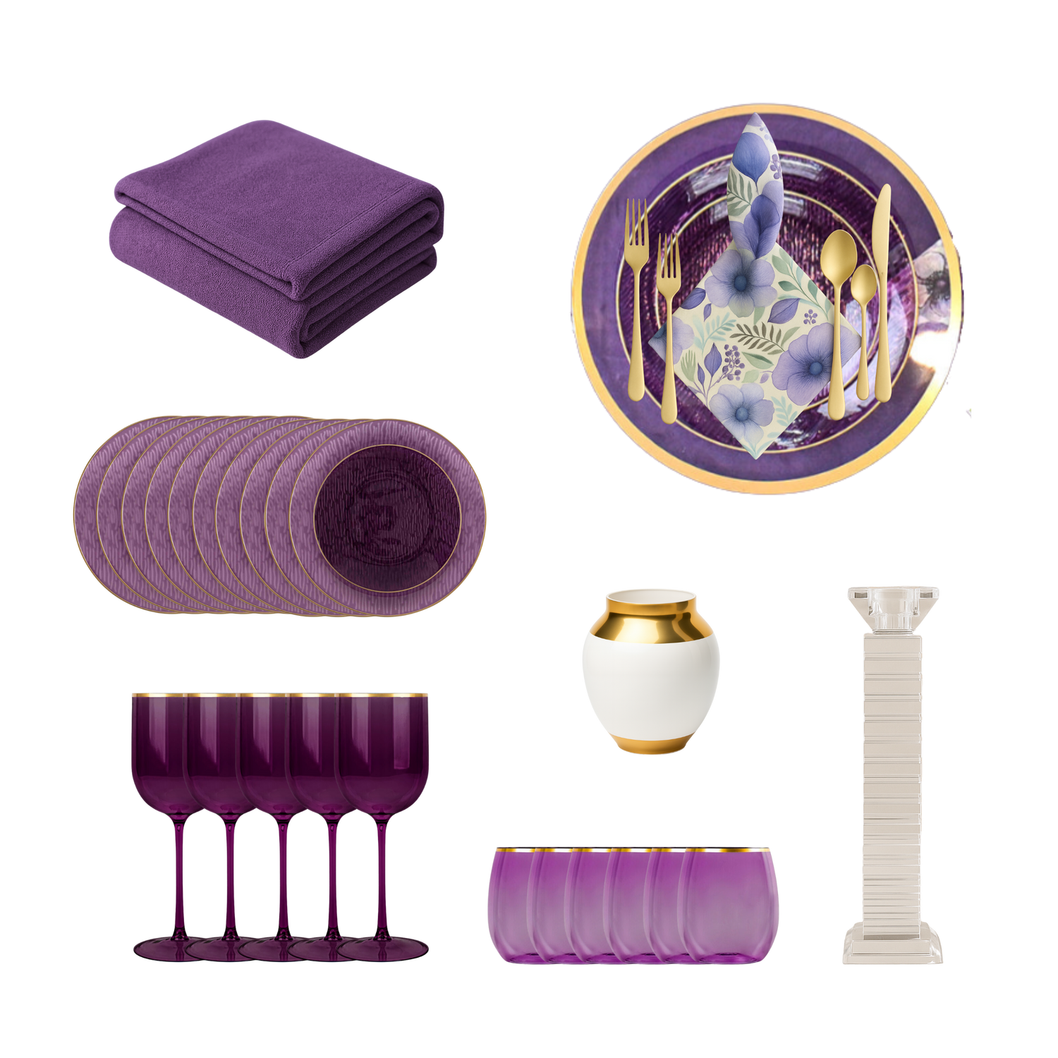 158 Piece Set - Purple Orchid Scape 10 Guests