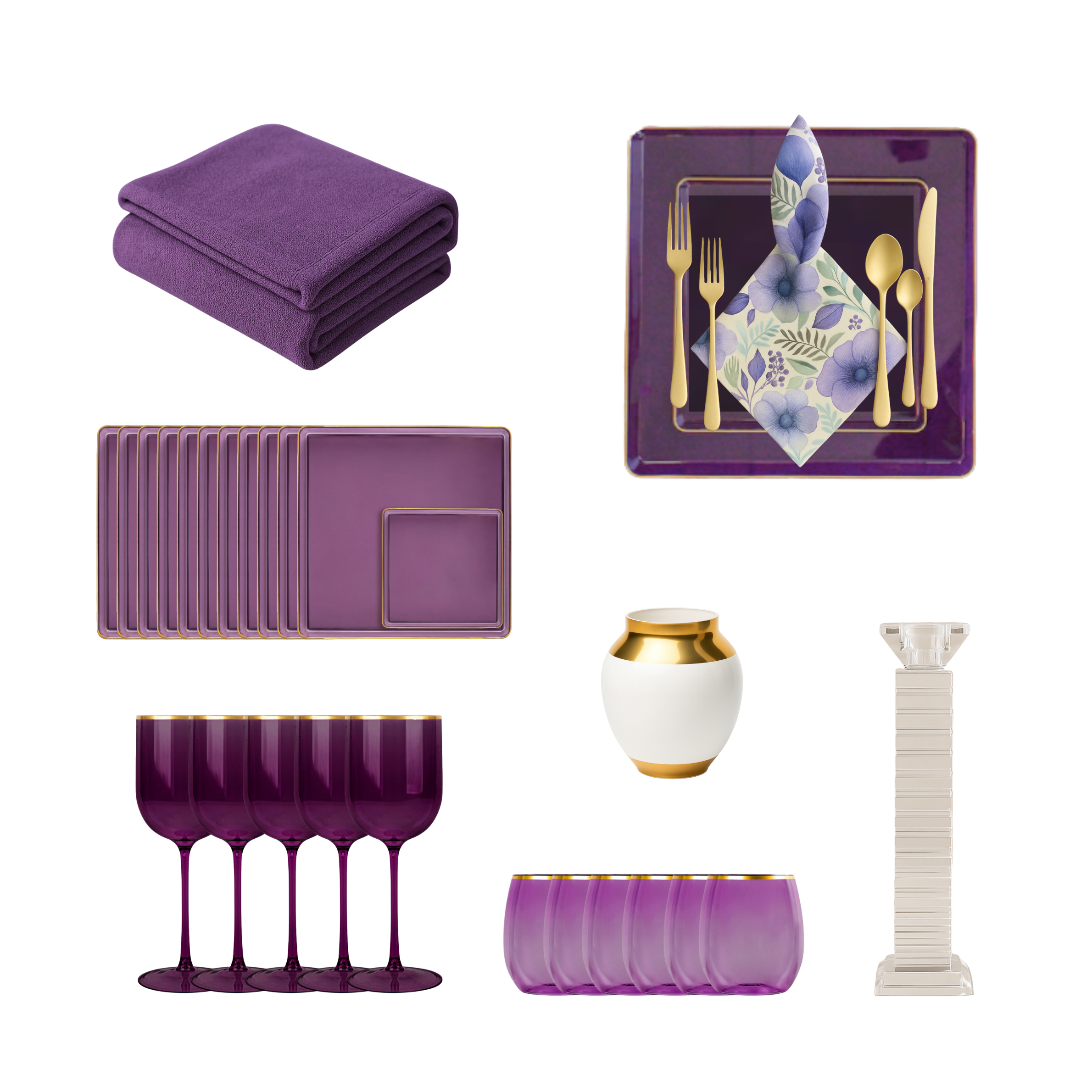 142 Piece Set - Purple Petal Scape 10 Guests