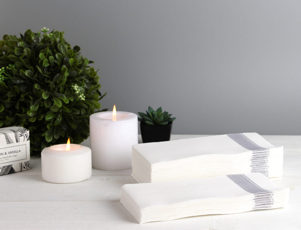 Cloth-Like Dinner Napkins with Border - The Closeout Connection#Color_Silver