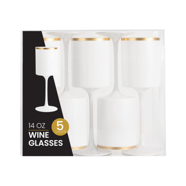 Square Wine Glass 14oz White/Gold Rim - 5 Count - The Closeout Connection