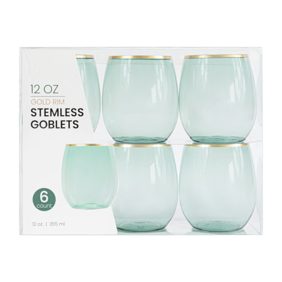 Green/Gold Rim Stemless Goblets- 6 Count - The Closeout Connection