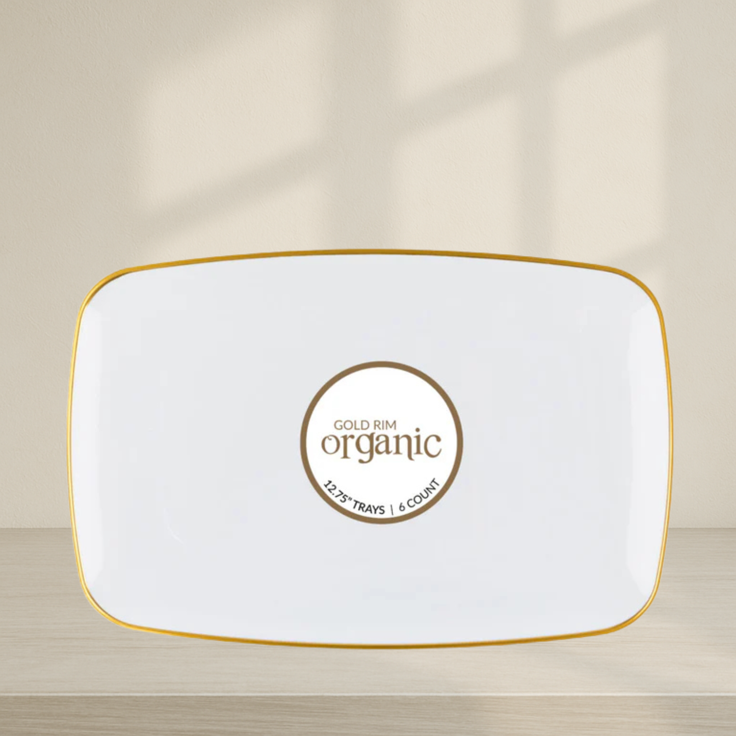 Organic Rectangle White/Gold Rim Tray 12.75″ - 6 Count