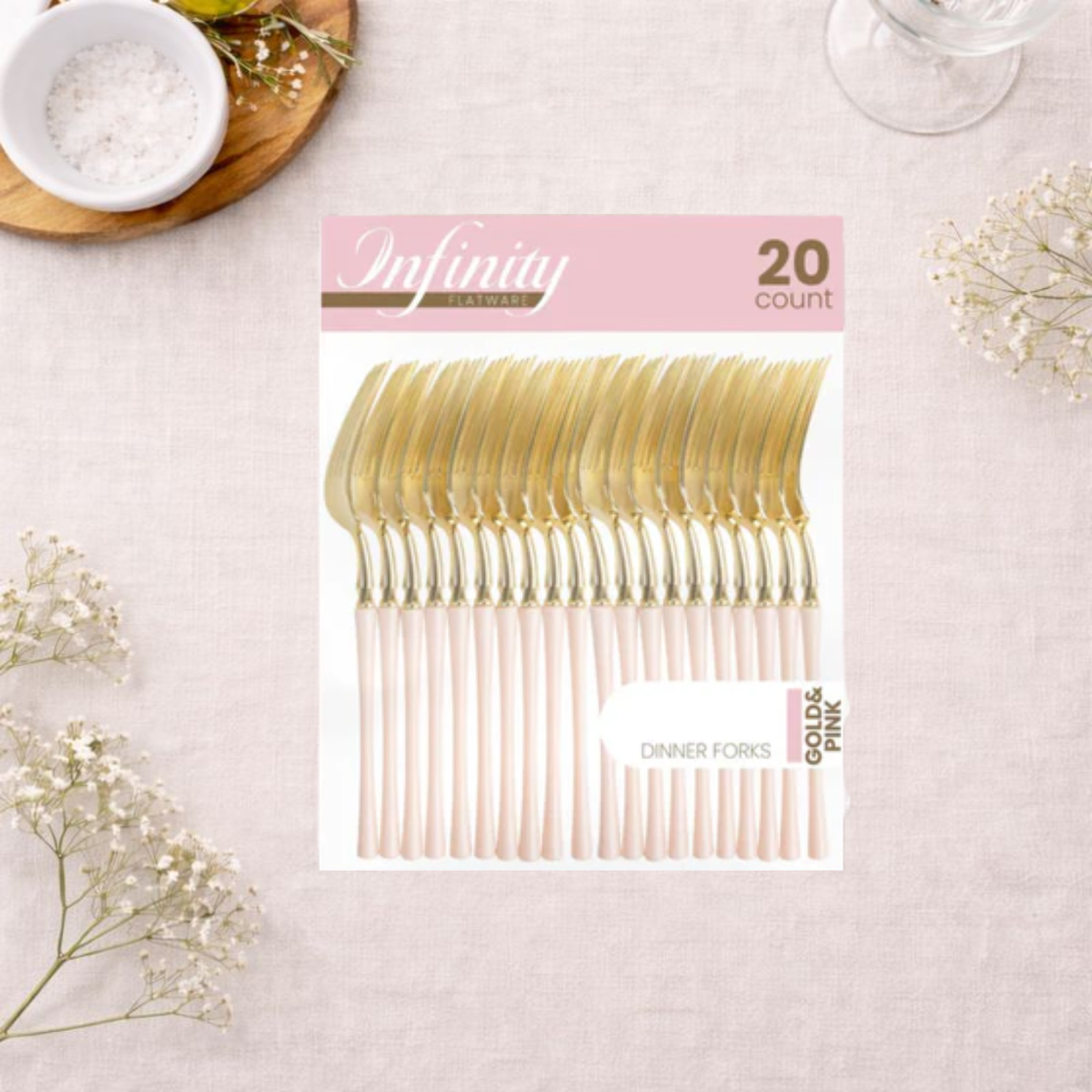 Gold and Pink Dinner Forks - 20 Count