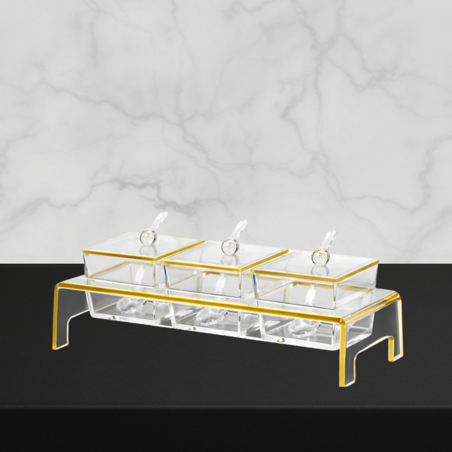 Lucite Gold Trim Serving Tray in Stand with Lids & Spoons - 10 Piece