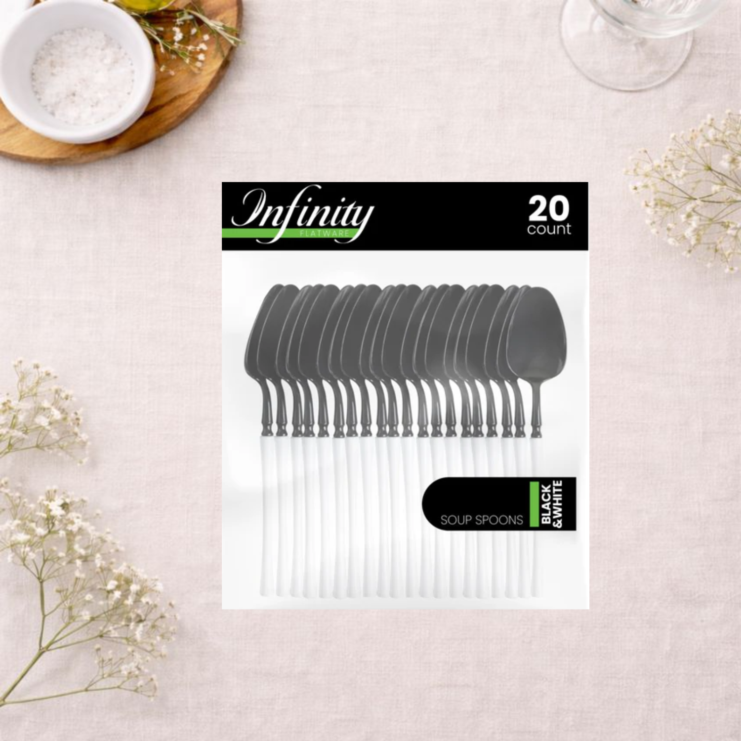 White/Black Soup Spoon - 20 Count