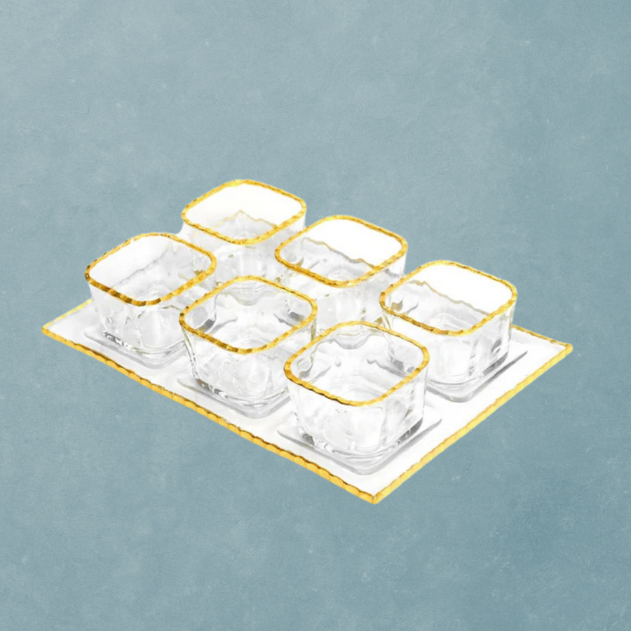 Monte Carlo Gold Rimmed Mini Sampler Cups & Trays Set of 6 - The Closeout Connection