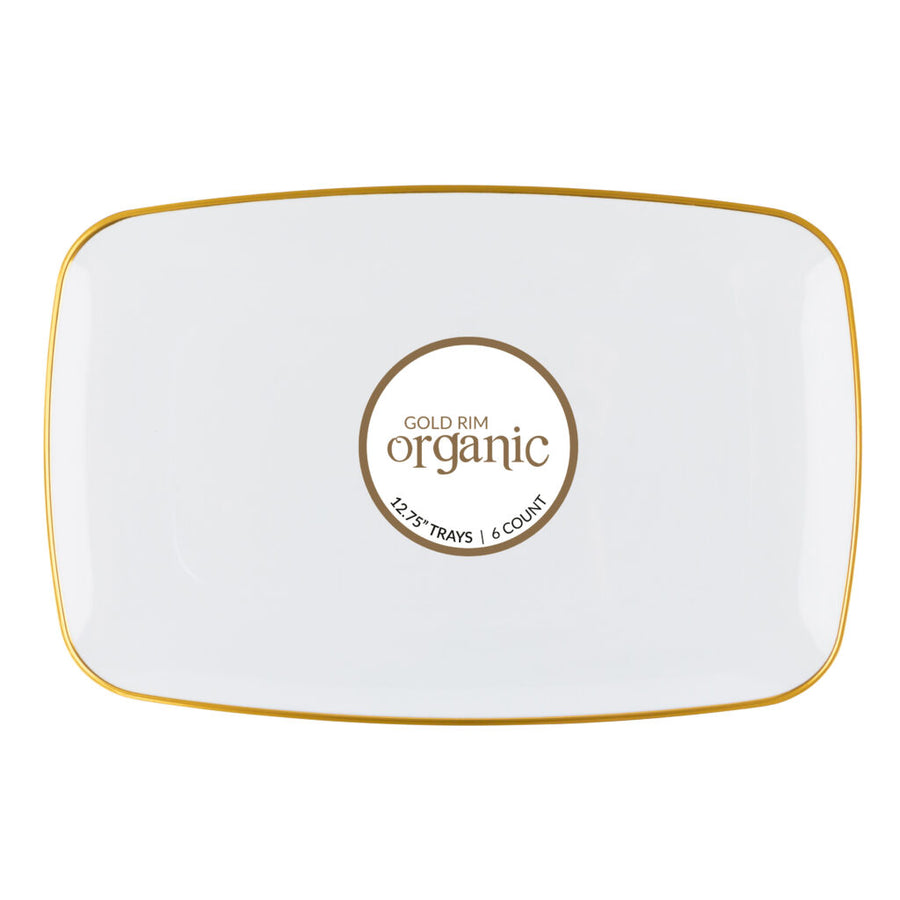 Organic Rectangle White/Gold Rim Tray 12.75″ - 6 Count - The Closeout Connection