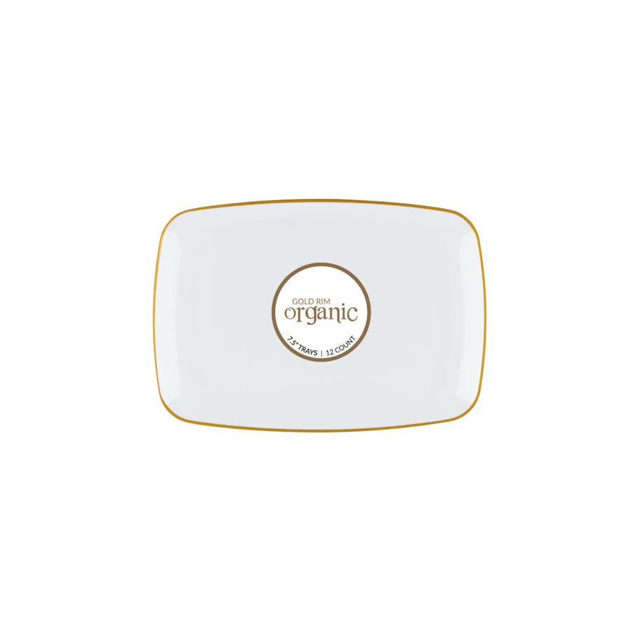 Organic Rectangle White/Gold Rim Tray 7.5" - 12 Count - The Closeout Connection