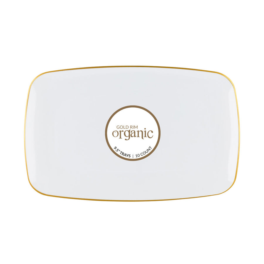 Organic Rectangle Tray White/Gold Rim 9.5" - 10 Count - The Closeout Connection