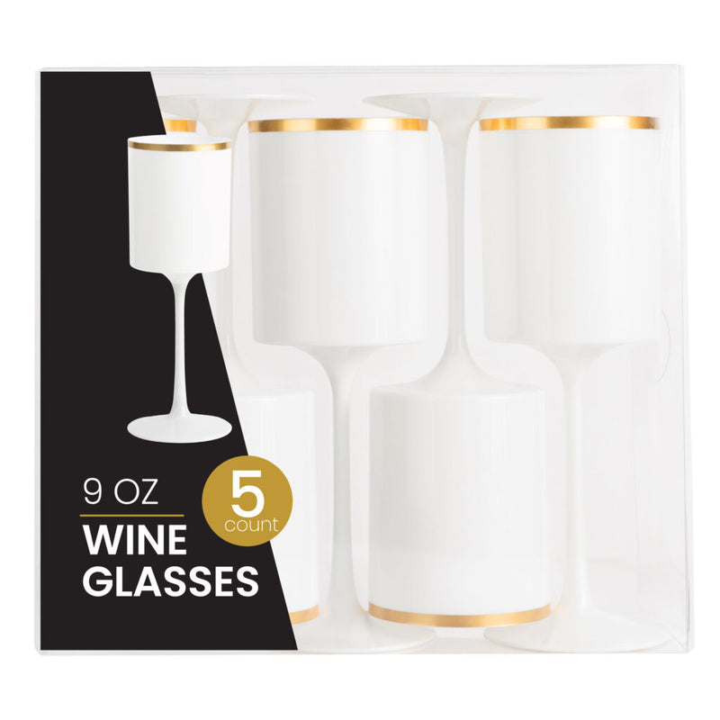 Wine Glass Clear w/ Gold Rim 9oz Plastic Wedding