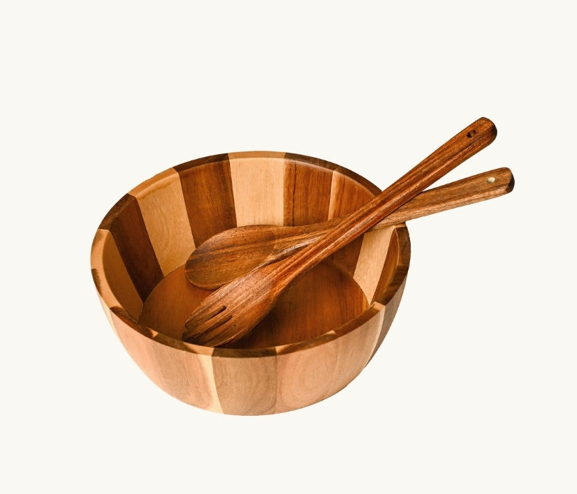 Wooden Bold Stripes Salad Bowl