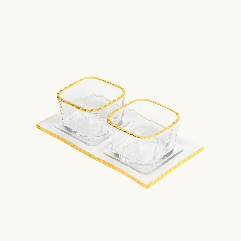 Monte Carlo Gold Rimmed Mini Sampler Set of Two 2oz Cups & Tray on cream background - The Closeout Connection
