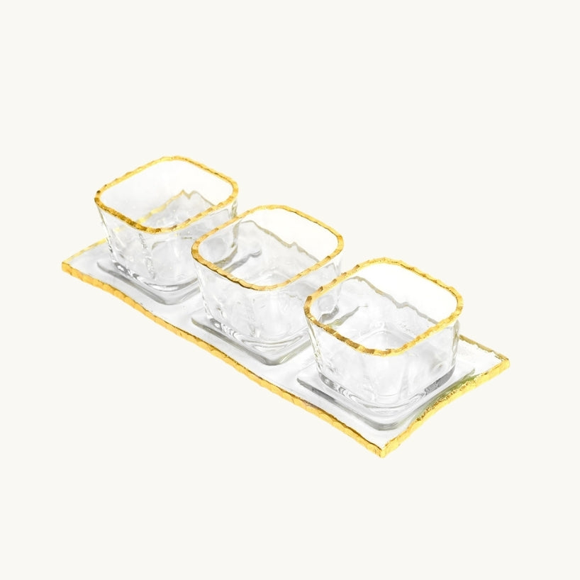 Monte Carlo Gold Rimmed Mini Sampler Set of Three 2oz Cups & Tray on cream background - The Closeout Connection