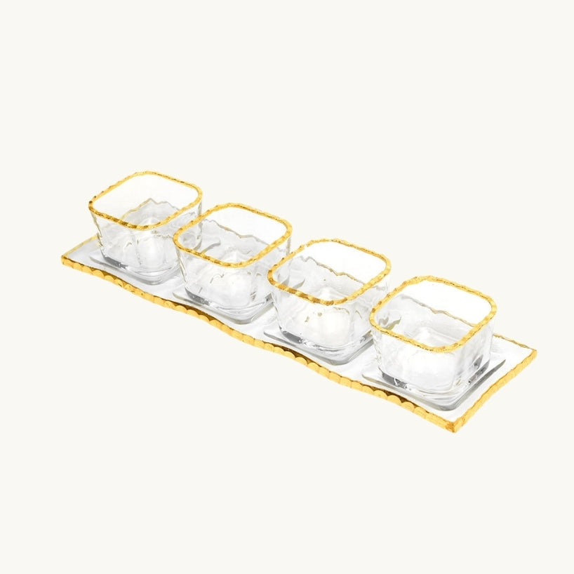 Monte Carlo Gold Rimmed Mini Sampler Set of Four 2oz Cups & Tray on cream background - The Closeout Connection#Color_Clear Gold-Monte Carlo#Size_Set of Four Cups & Tray- 2oz