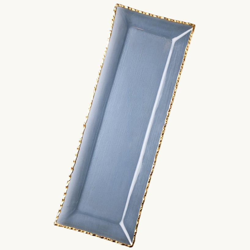 Blue Rectangular Glass Tray with Gold Rim
