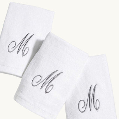 Six Monogrammed Fingertip Towel Set White and Silver