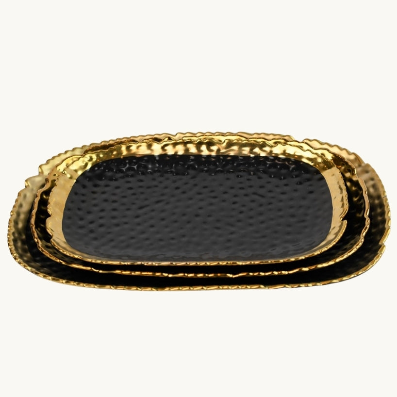 Black and Gold Pebbled Oblong Ceramic Dish 14"
