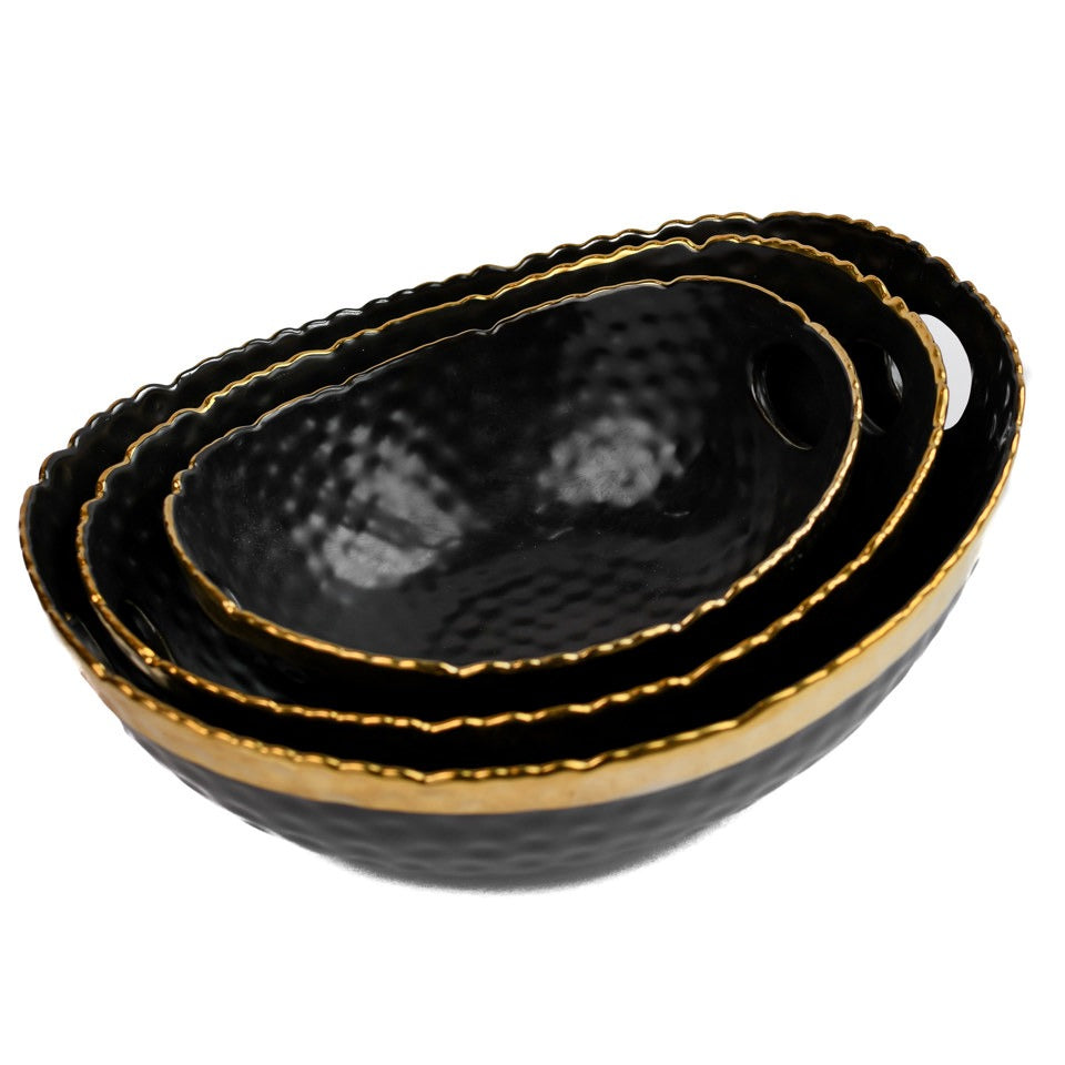Black and Gold Pebbled Ceramic Bowl with Handle