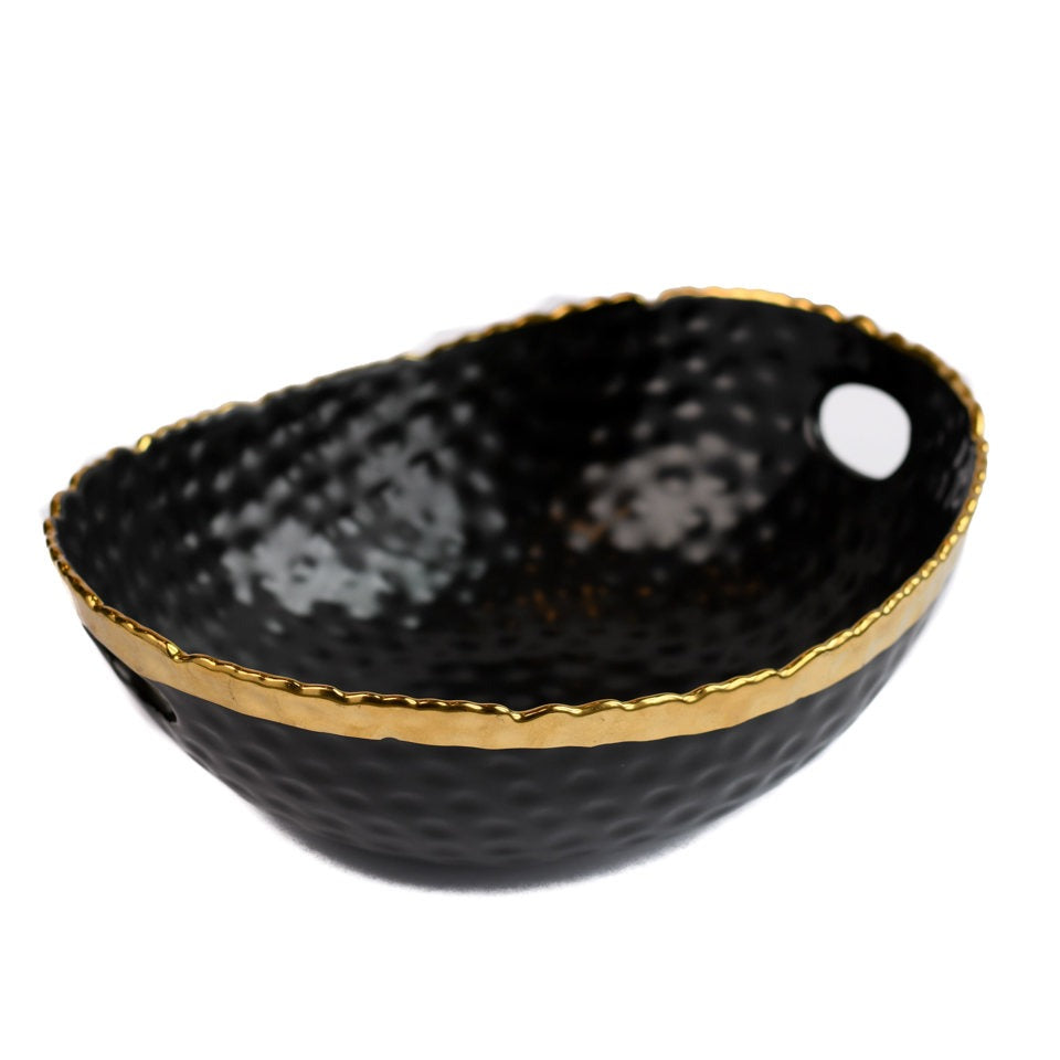 Black and Gold Pebbled Ceramic Bowl with Handle